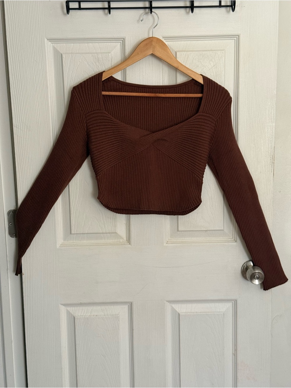 Brown Ribbed Knit Crossover Cropped Sweetheart Neckline Sweater Top Long Sleeve